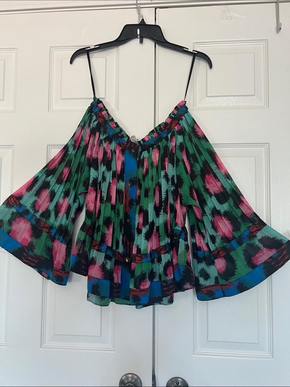KENZO by H&M Flowy Off-Shoulder Bell Sleeve Multicolor Chiffon Pleated Blouse 2